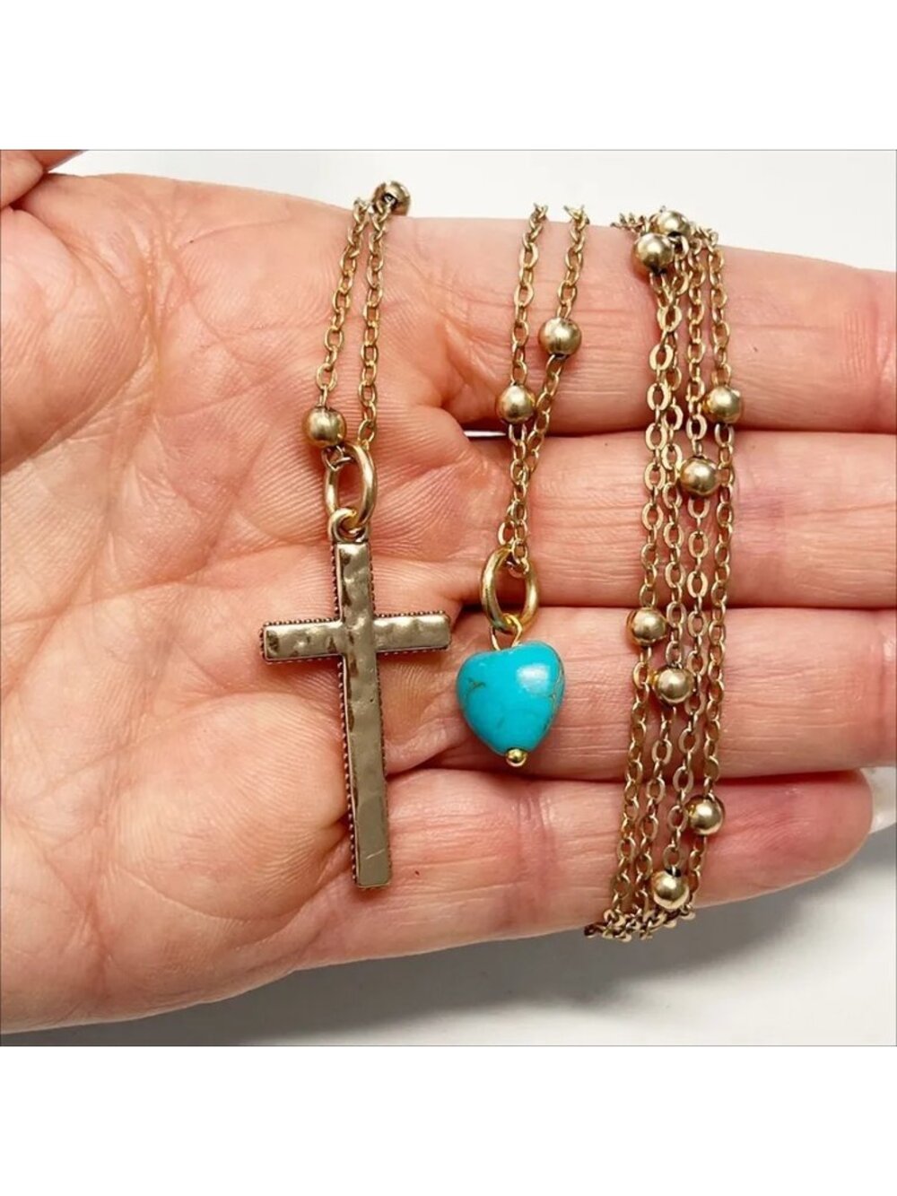 Katia Designs "Trust" Cross Dainty Necklace Goldtone Faith Turquoise Howlite